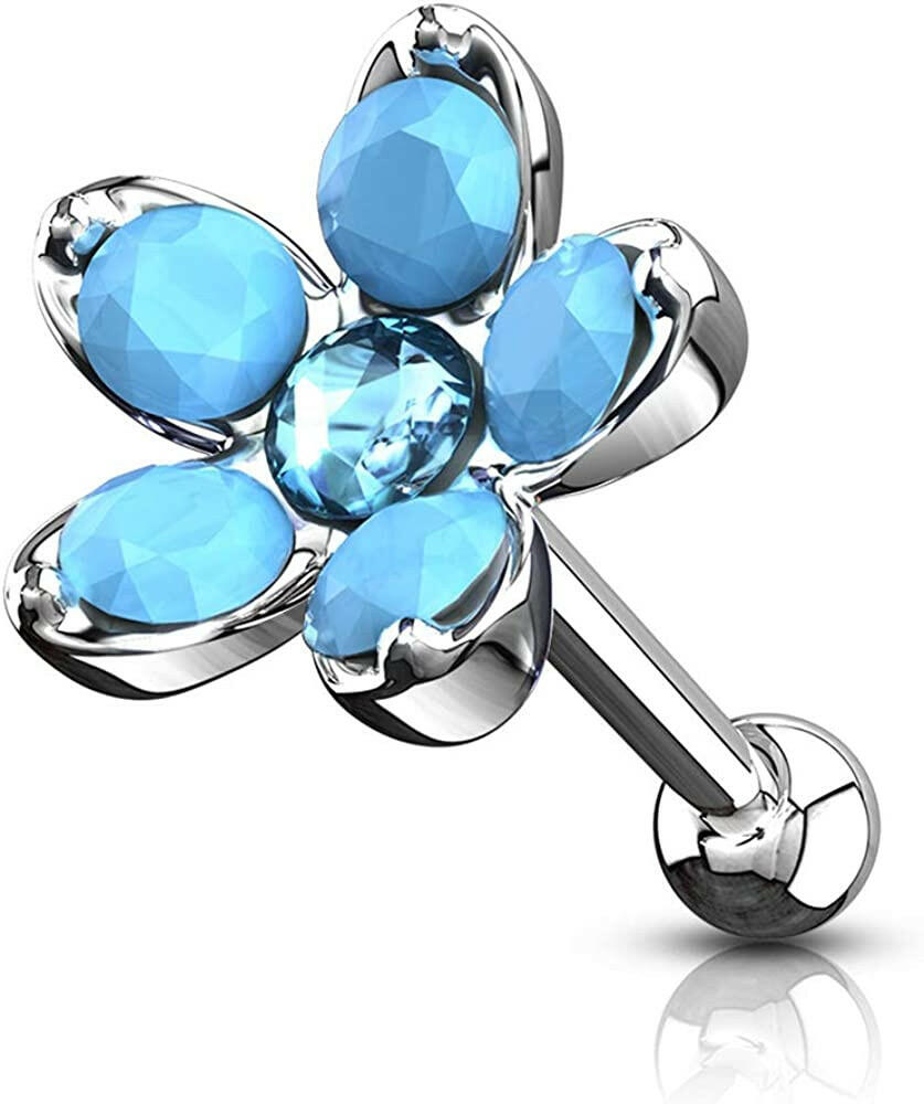 Surgical Steel Opalite Flower with Opal Center Top Cartilage Tragus Barbell Studs - Impulse Piercings