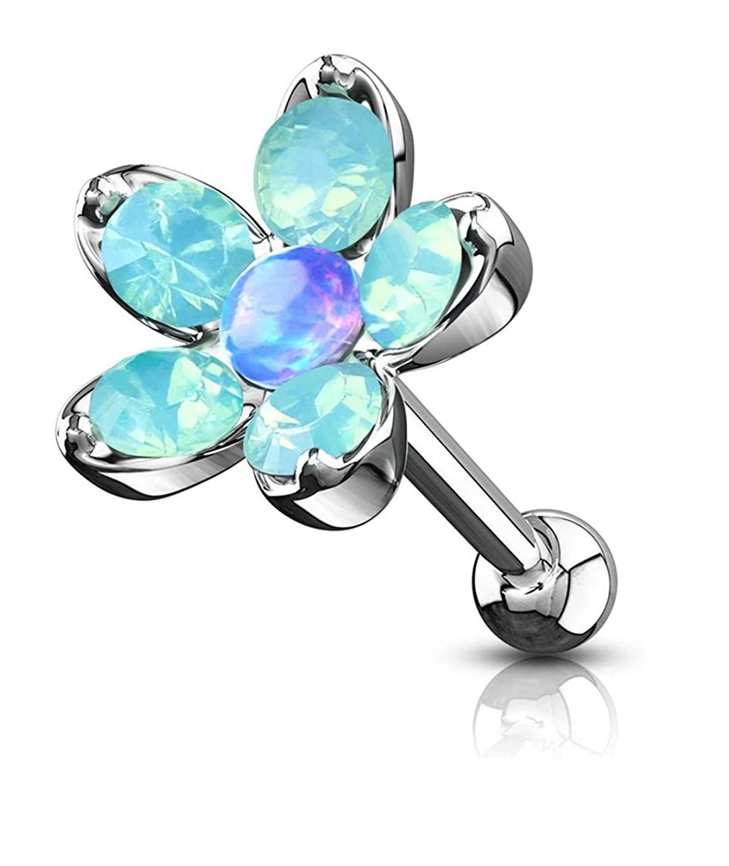 Surgical Steel Opalite Flower with Opal Center Top Cartilage Tragus Barbell Studs - Impulse Piercings