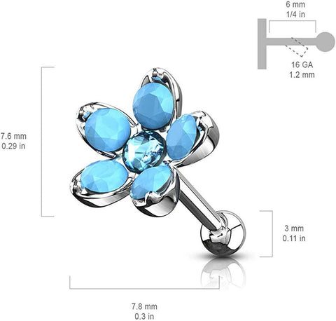 Surgical Steel Opalite Flower with Opal Center Top Cartilage Tragus Barbell Studs - Impulse Piercings