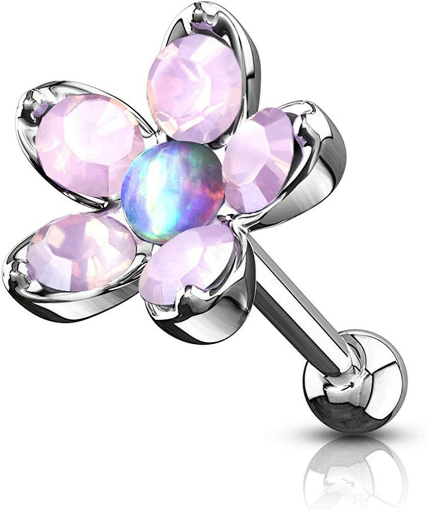 Surgical Steel Opalite Flower with Opal Center Top Cartilage Tragus Barbell Studs - Impulse Piercings