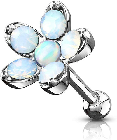 Surgical Steel Opalite Flower with Opal Center Top Cartilage Tragus Barbell Studs - Impulse Piercings