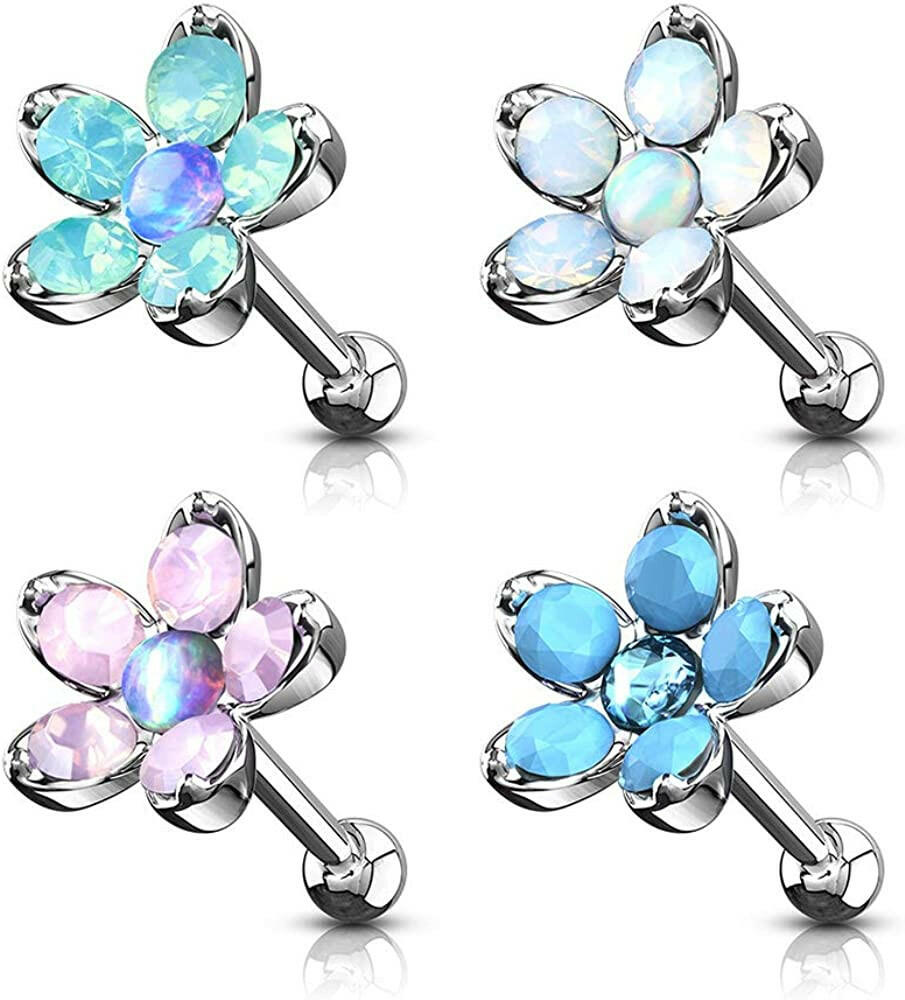 Surgical Steel Opalite Flower with Opal Center Top Cartilage Tragus Barbell Studs - Impulse Piercings