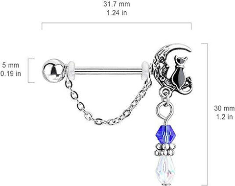 Surgical Steel Pair of Cat Sitting on Moon with Beads and Chain Dangles Nipple Barbell Rings - Impulse Piercings