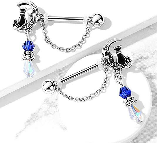 Surgical Steel Pair of Cat Sitting on Moon with Beads and Chain Dangles Nipple Barbell Rings - Impulse Piercings