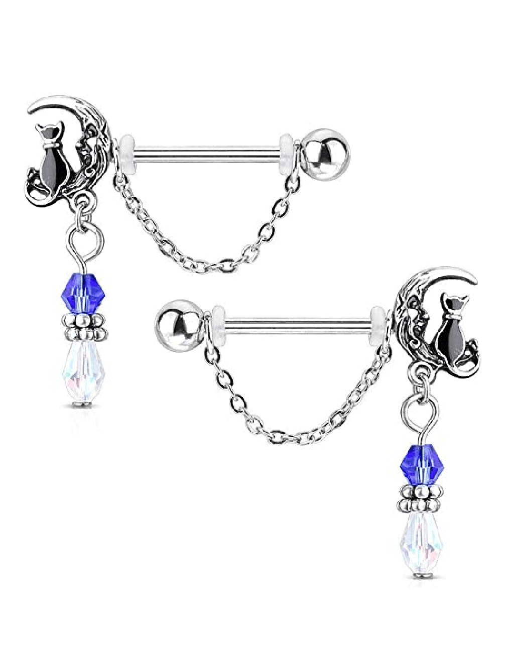 Surgical Steel Pair of Cat Sitting on Moon with Beads and Chain Dangles Nipple Barbell Rings - Impulse Piercings