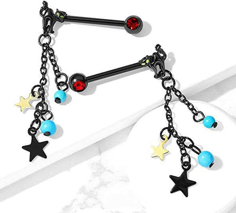 Surgical Steel Pair of Cat with Turquoise Beads and Star Dangle with Red Gemmed End Nipple Barbell Rings - Impulse Piercings