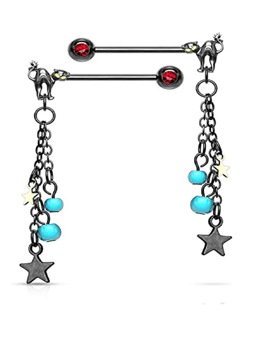 Surgical Steel Pair of Cat with Turquoise Beads and Star Dangle with Red Gemmed End Nipple Barbell Rings - Impulse Piercings