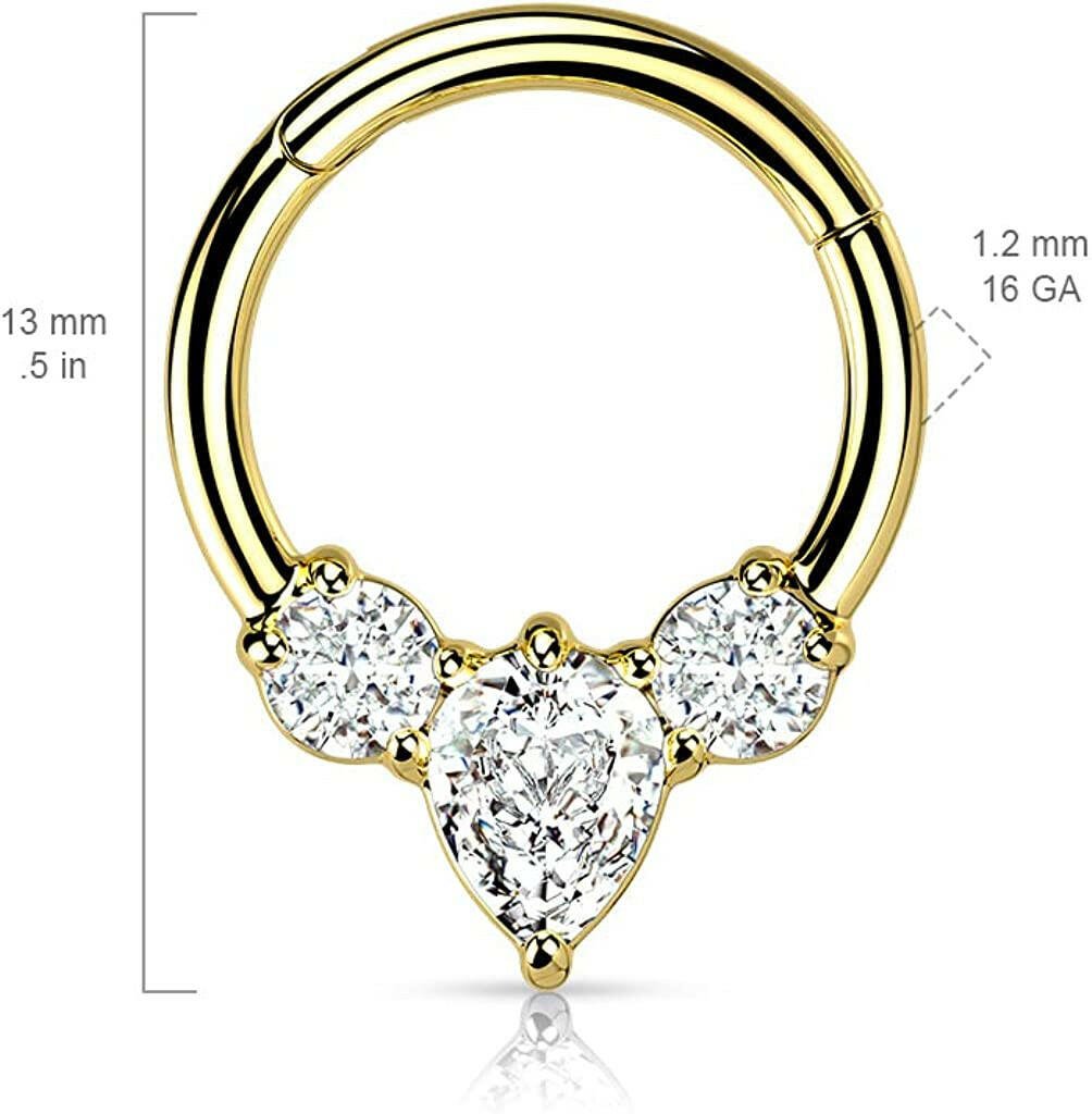 Surgical Steel Pear CZ between 2 Round CZ Hinged Segment Ring.