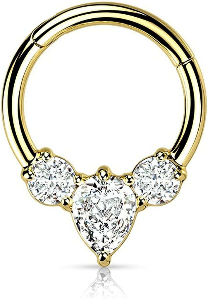 Surgical Steel Pear CZ between 2 Round CZ Hinged Segment Ring.