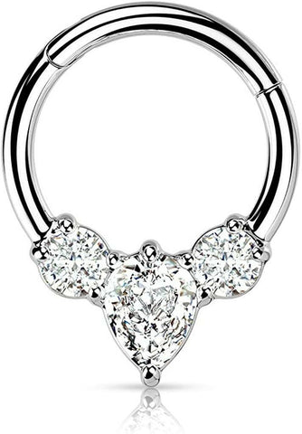 Surgical Steel Pear CZ between 2 Round CZ Hinged Segment Ring.