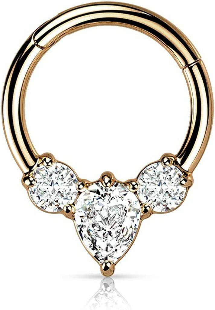 Surgical Steel Pear CZ between 2 Round CZ Hinged Segment Ring.