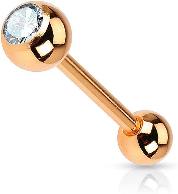 Surgical Steel Rose Gold IP Crystal Ball Barbell Tongue Rings - Impulse Piercings