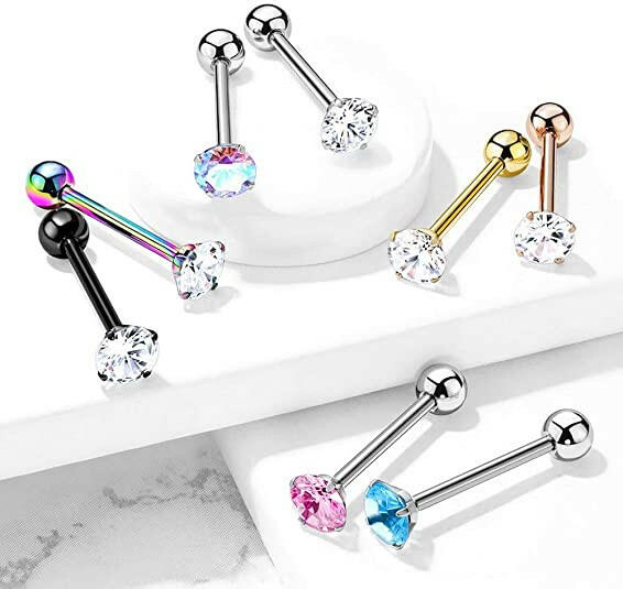 Surgical Steel Round CZ Barbell Tongue Rings - Impulse Piercings