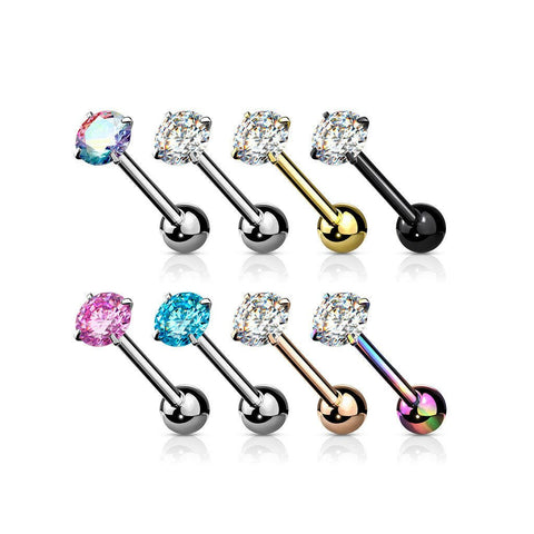 Surgical Steel Round CZ Barbell Tongue Rings