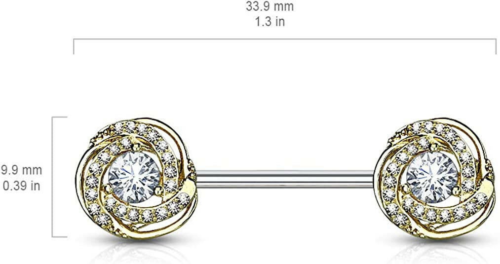 Surgical Steel Round CZ Center with CZ Paved Around Ends Nipple Barbell Rings - Impulse Piercings