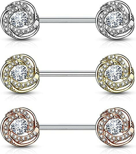 Surgical Steel Round CZ Center with CZ Paved Around Ends Nipple Barbell Rings - Impulse Piercings