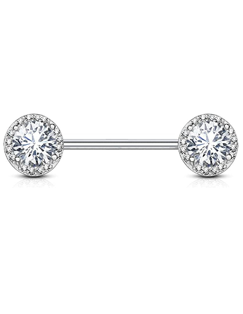 Surgical Steel Round CZ Center with CZ Paved Around Ends Nipple Barbell Rings - Impulse Piercings