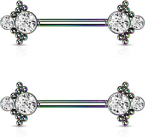 Surgical Steel Threadless Beaded Ball Edge and Double CZ On Each Side Nipple Barbell Rings - Impulse Piercings