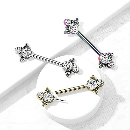 Surgical Steel Threadless Beaded Ball Edge and Double CZ On Each Side Nipple Barbell Rings - Impulse Piercings