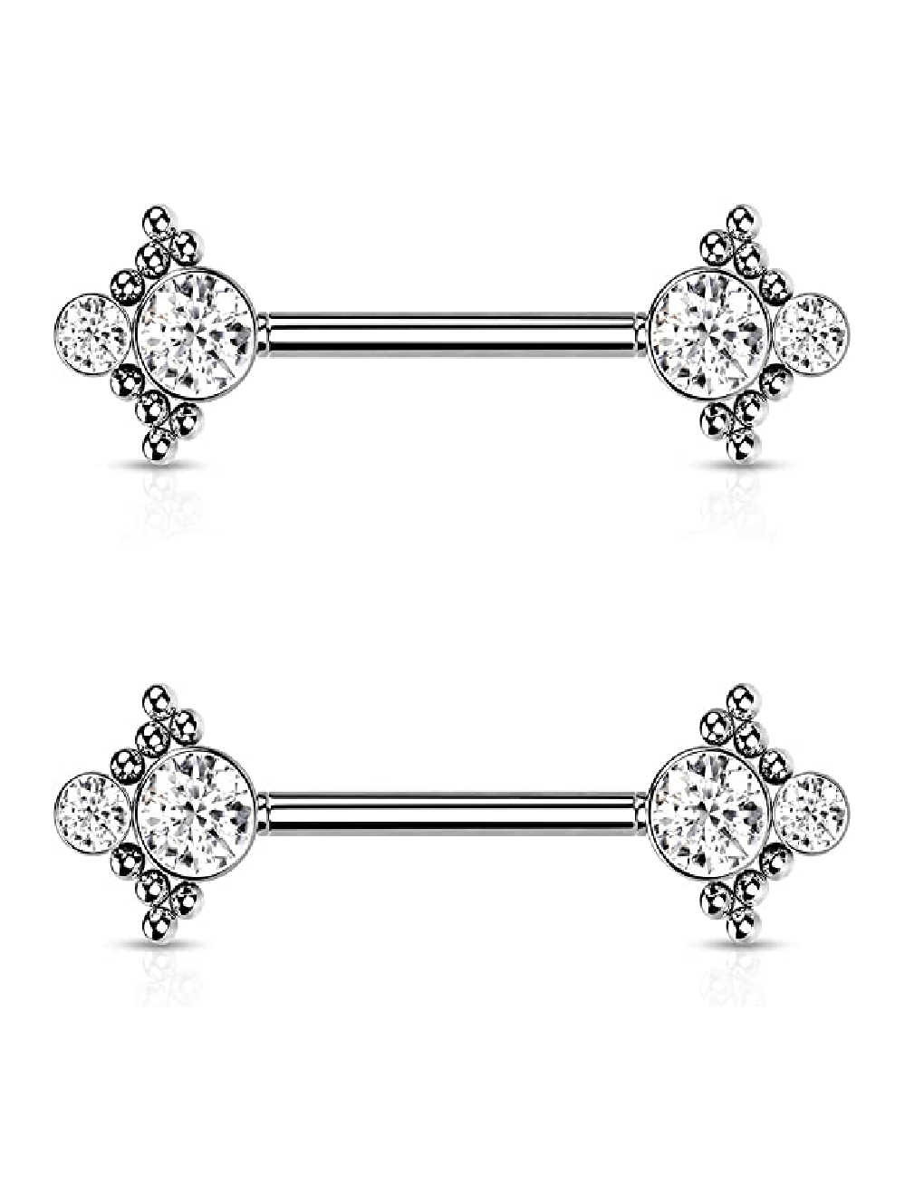 Surgical Steel Threadless Beaded Ball Edge and Double CZ On Each Side Nipple Barbell Rings - Impulse Piercings