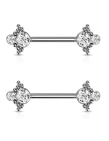 Surgical Steel Threadless Beaded Ball Edge and Double CZ On Each Side Nipple Barbell Rings - Impulse Piercings