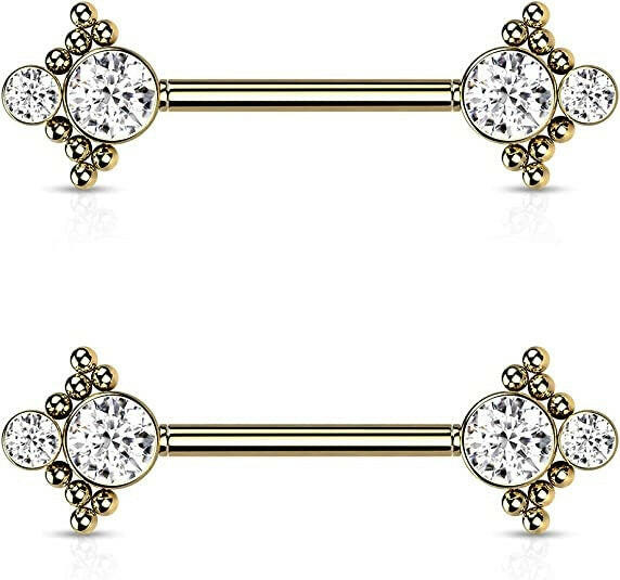 Surgical Steel Threadless Beaded Ball Edge and Double CZ On Each Side Nipple Barbell Rings - Impulse Piercings