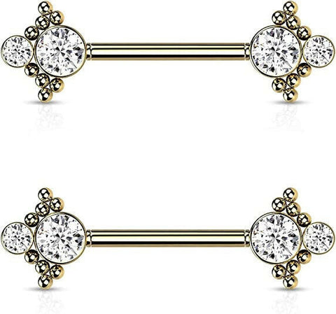 Surgical Steel Threadless Beaded Ball Edge and Double CZ On Each Side Nipple Barbell Rings - Impulse Piercings