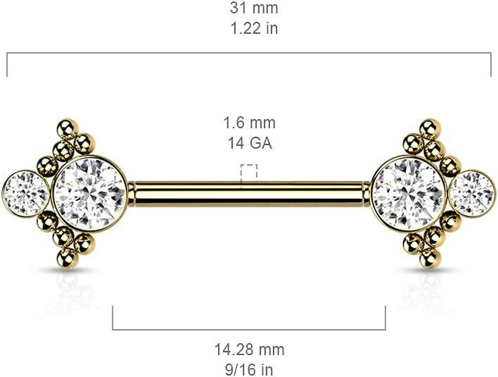 Surgical Steel Threadless Beaded Ball Edge and Double CZ On Each Side Nipple Barbell Rings - Impulse Piercings