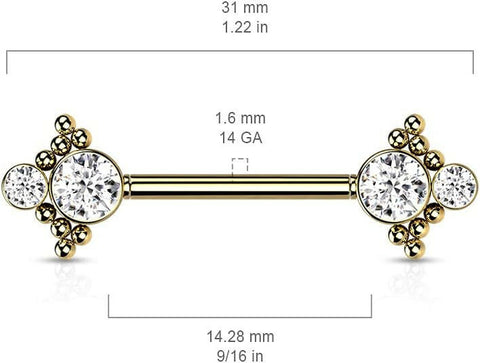 Surgical Steel Threadless Beaded Ball Edge and Double CZ On Each Side Nipple Barbell Rings - Impulse Piercings