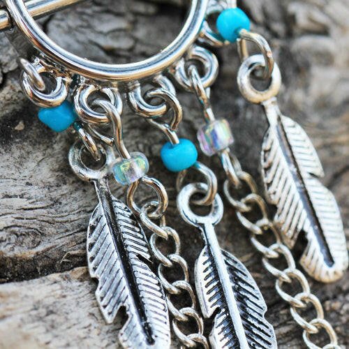 Surgical Steel Turquoise Beads Feather Dangle Nipple Shield - Impulse Piercings