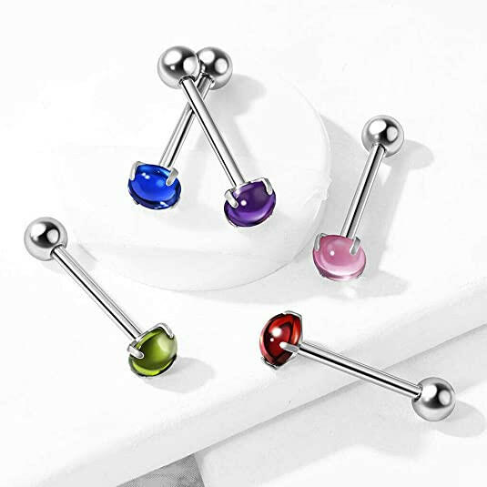 Surgical Steel Zircon Cabochon Stone Barbell Tongue Rings - Impulse Piercings