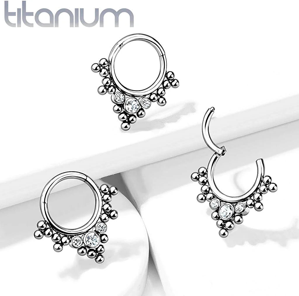 Titanium 3 Bezel Crystals and Clustered Tribal Beads Hinged Segment Hoop Ring - Impulse Piercings