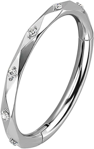 Titanium Hinged Segment Lined With CZ Accented Diamond Faceted Cuts Hoop Ring.