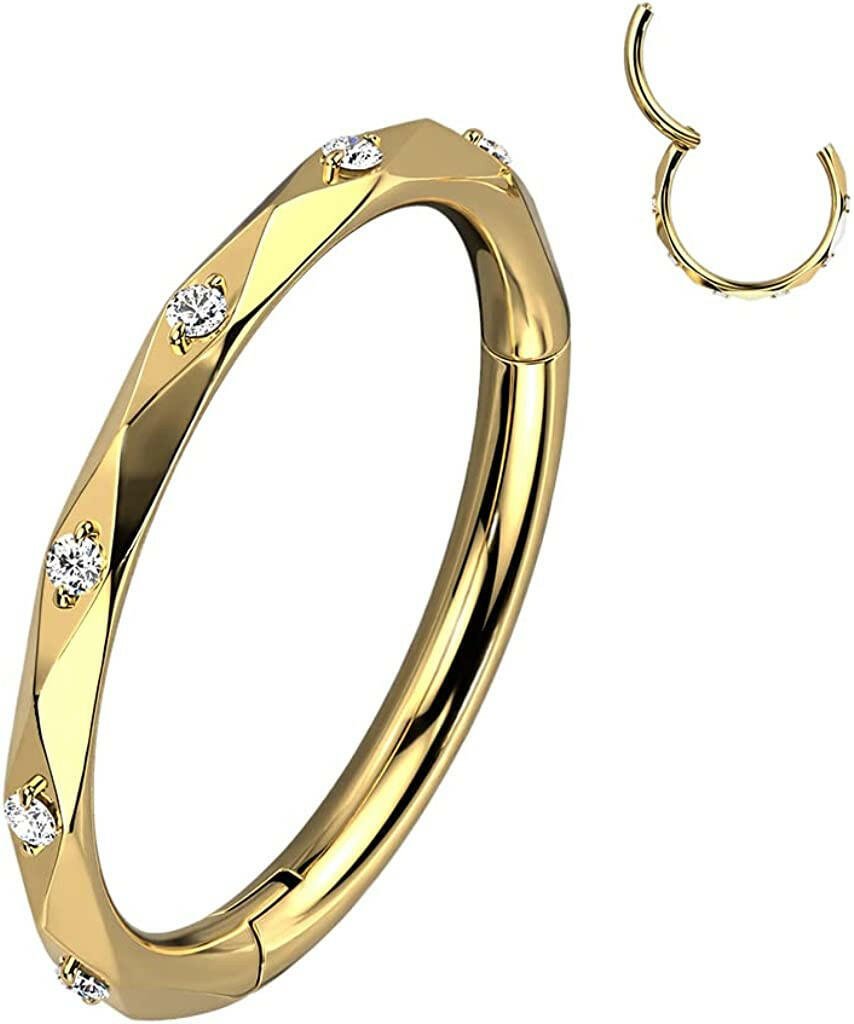 Titanium Hinged Segment Lined With CZ Accented Diamond Faceted Cuts Hoop Ring.