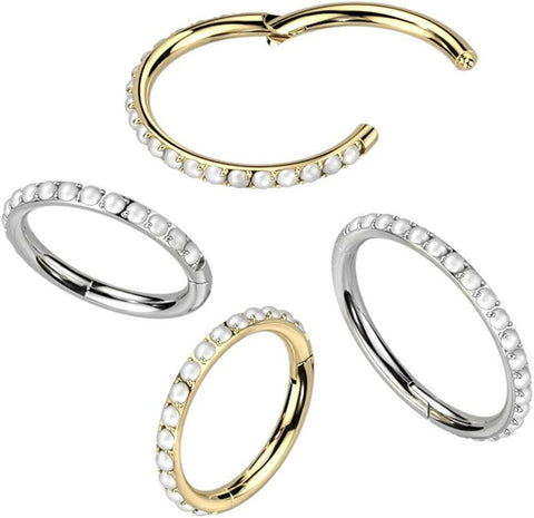 Titanium Hinged Segment Lined With Outward Facing Pave Pearls Hoop Ring.