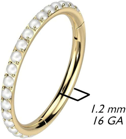 Titanium Hinged Segment Lined With Outward Facing Pave Pearls Hoop Ring.