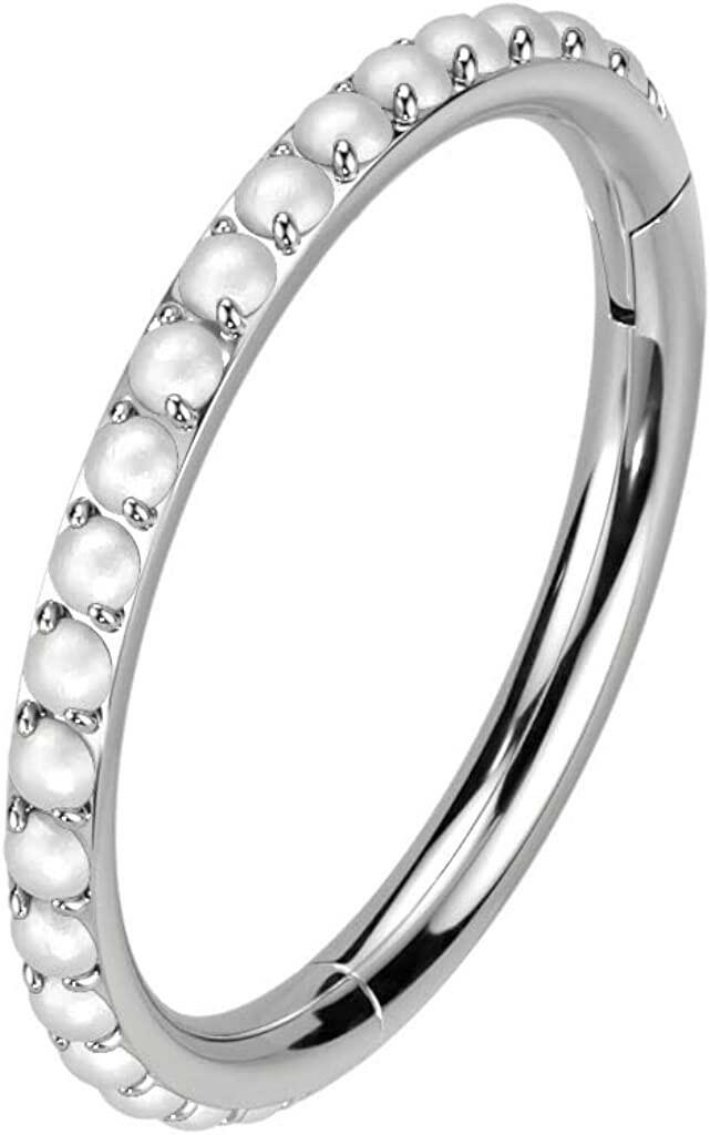 Titanium Hinged Segment Lined With Outward Facing Pave Pearls Hoop Ring.