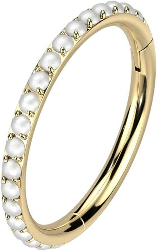 Titanium Hinged Segment Lined With Outward Facing Pave Pearls Hoop Ring.