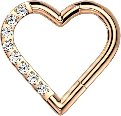 Titanium Hinged Segment With Half Pave CZ Heart Hoop Ring.