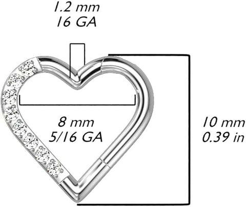 Titanium Hinged Segment With Half Pave CZ Heart Hoop Ring.