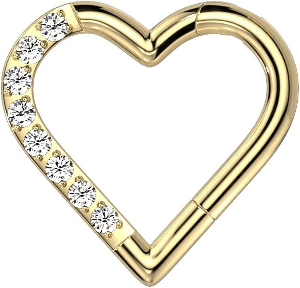 Titanium Hinged Segment With Half Pave CZ Heart Hoop Ring.