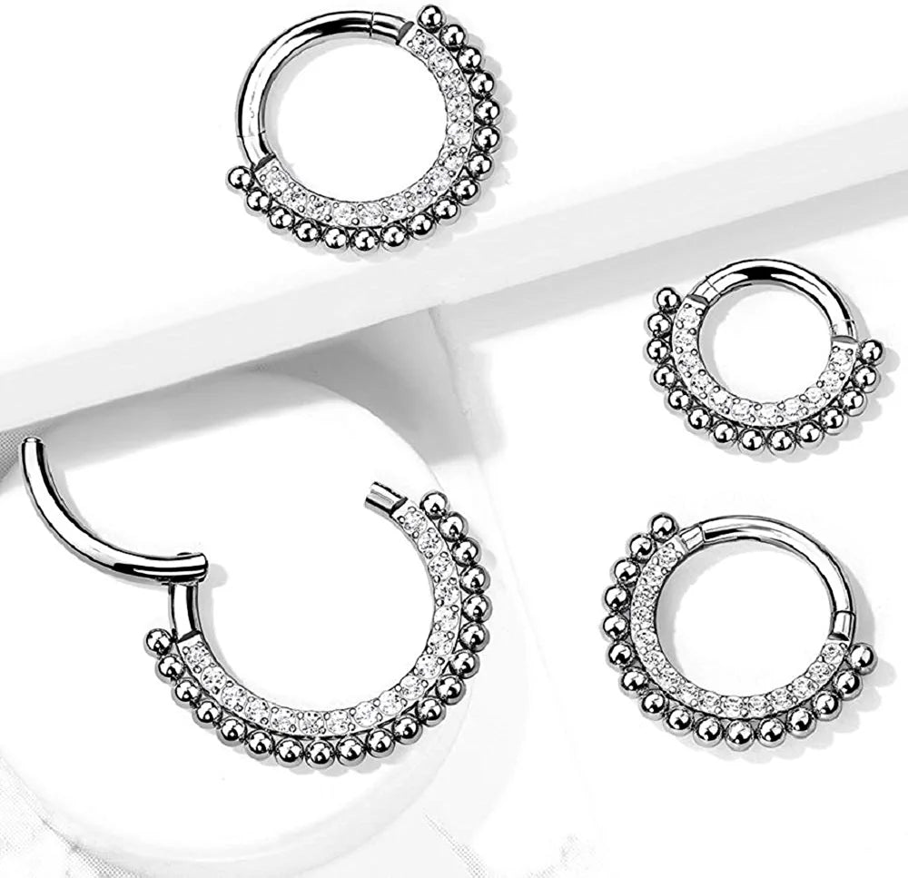 Titanium Lined With Pave CZs and Beads Hinged Segment Hoop Ring - Impulse Piercings