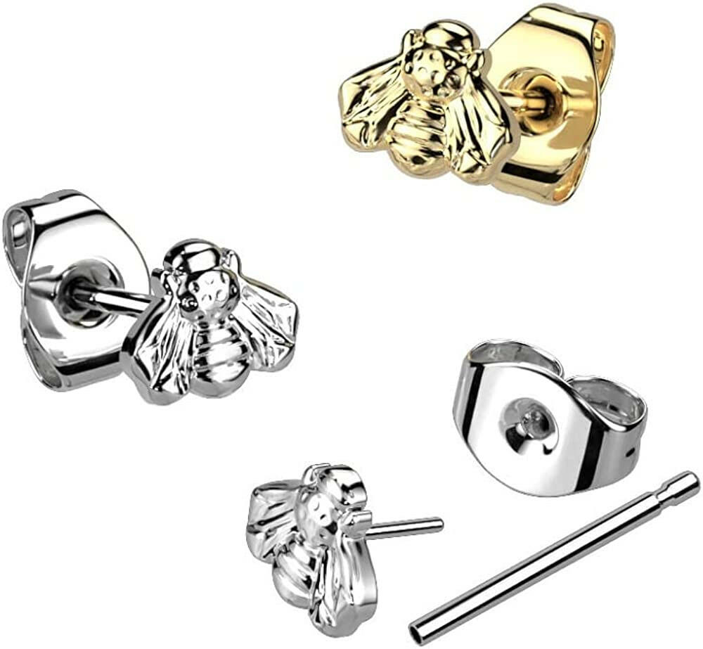 Titanium Threadless Push In Bee Top Stud Earrings.