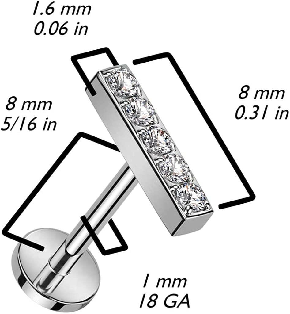 Titanium Threadless Push In Labret Flat Back Stud With 5 CNC Set CZ Lined Straight Bar Top Cartilage.