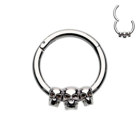 Triple Skull Steel Seamless Hinged Clicker Ring.