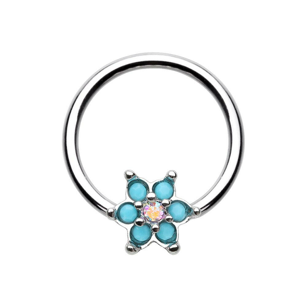 Turquoise Spring Flower Sparkle Steel Captive Bead Ring.