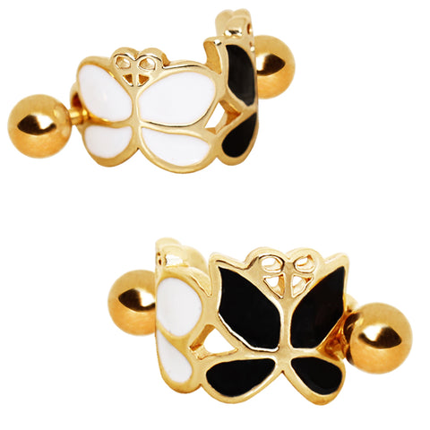 Gold Plated Black and White Butterfly Cartilage Ear Cuff.