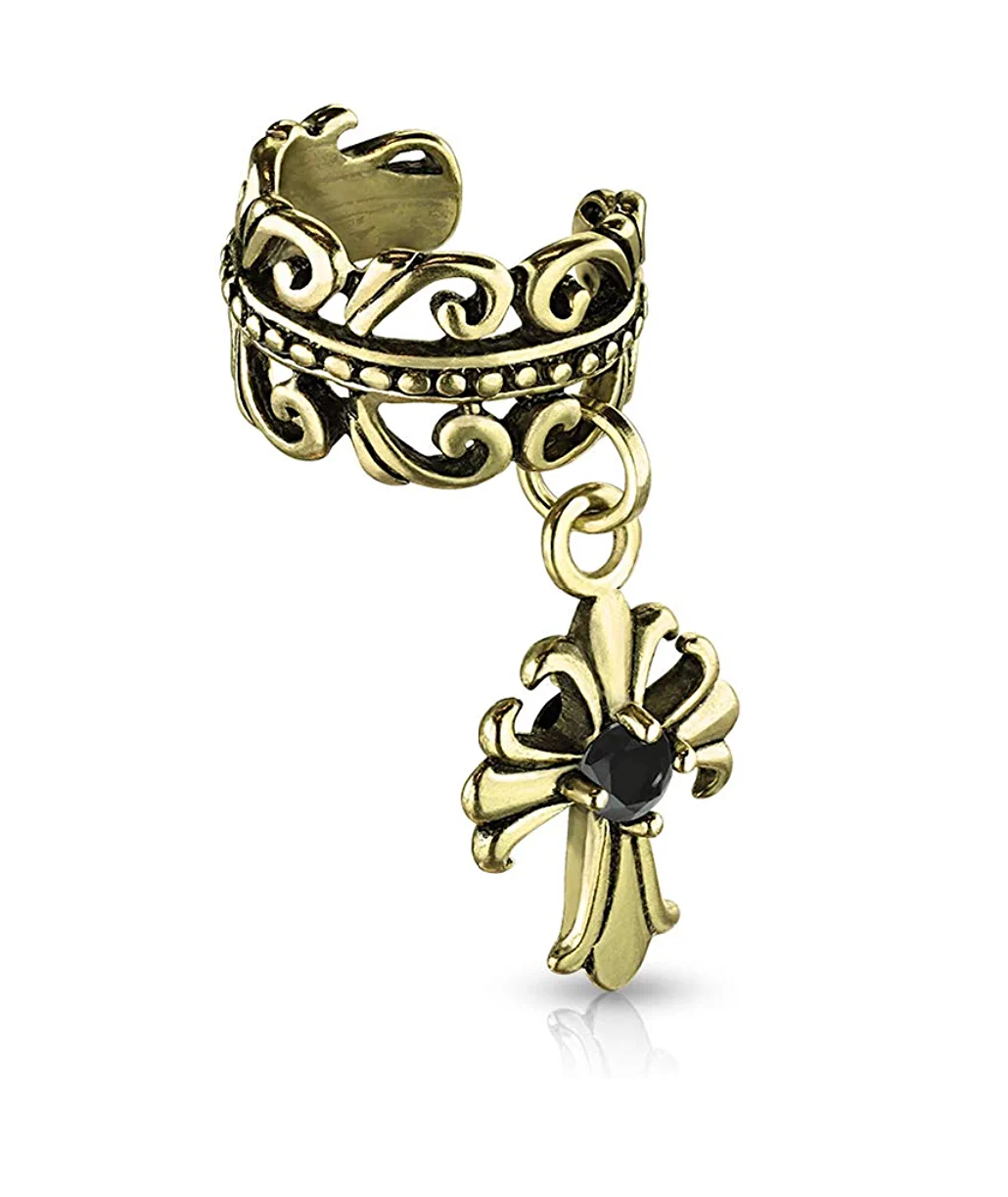 Brass Celtic Heart with Black CZ Centered Fleur De Lis Cross Dangle Non-Piercing Ear Cuff - Impulse Piercings