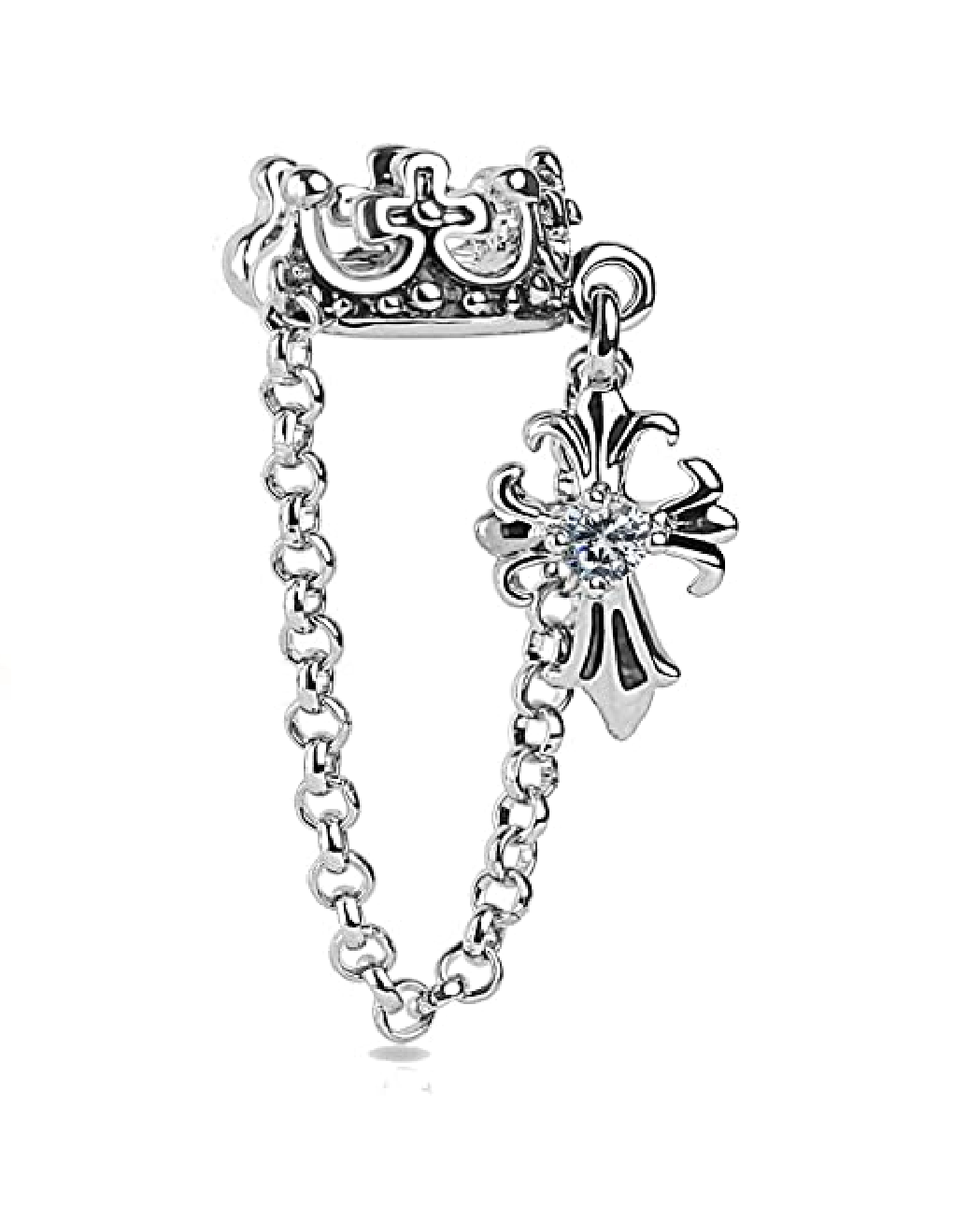 Brass Crown with Chain and Clear CZ Cross Dangle Non-Piercing Ear Cuff - Impulse Piercings