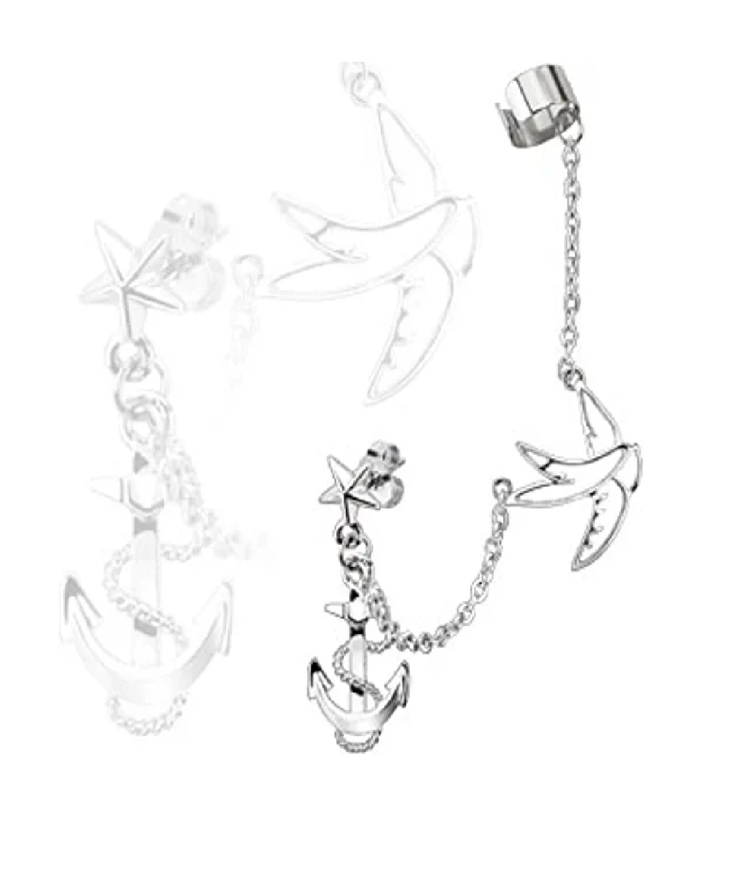 Surgical Steel Star Stud Chain Earring with Swallow and Anchor Dangles Ear Cuff - Impulse Piercings